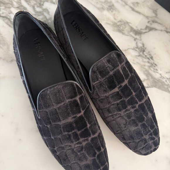 Versace 1003792 Men's Gray Velvet Croc-embossed Slippers Shoes, 44, 45, 46 - Picture 5 of 15